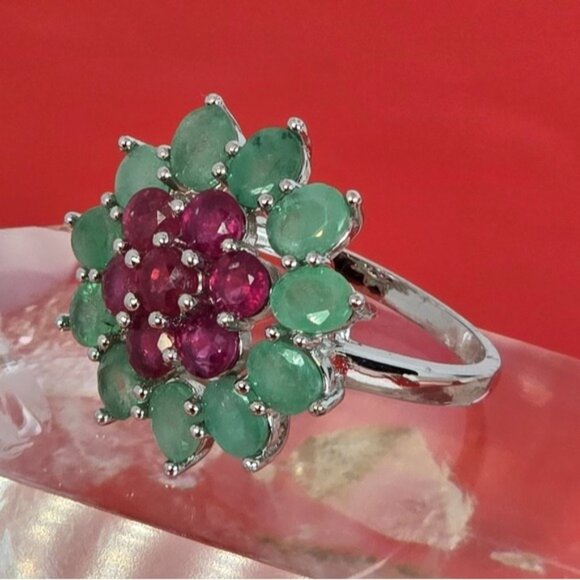 925 Sterling Silver Ring SZ 9 with Natural Ruby & Emerald Gemstone - Picture 14 of 15
